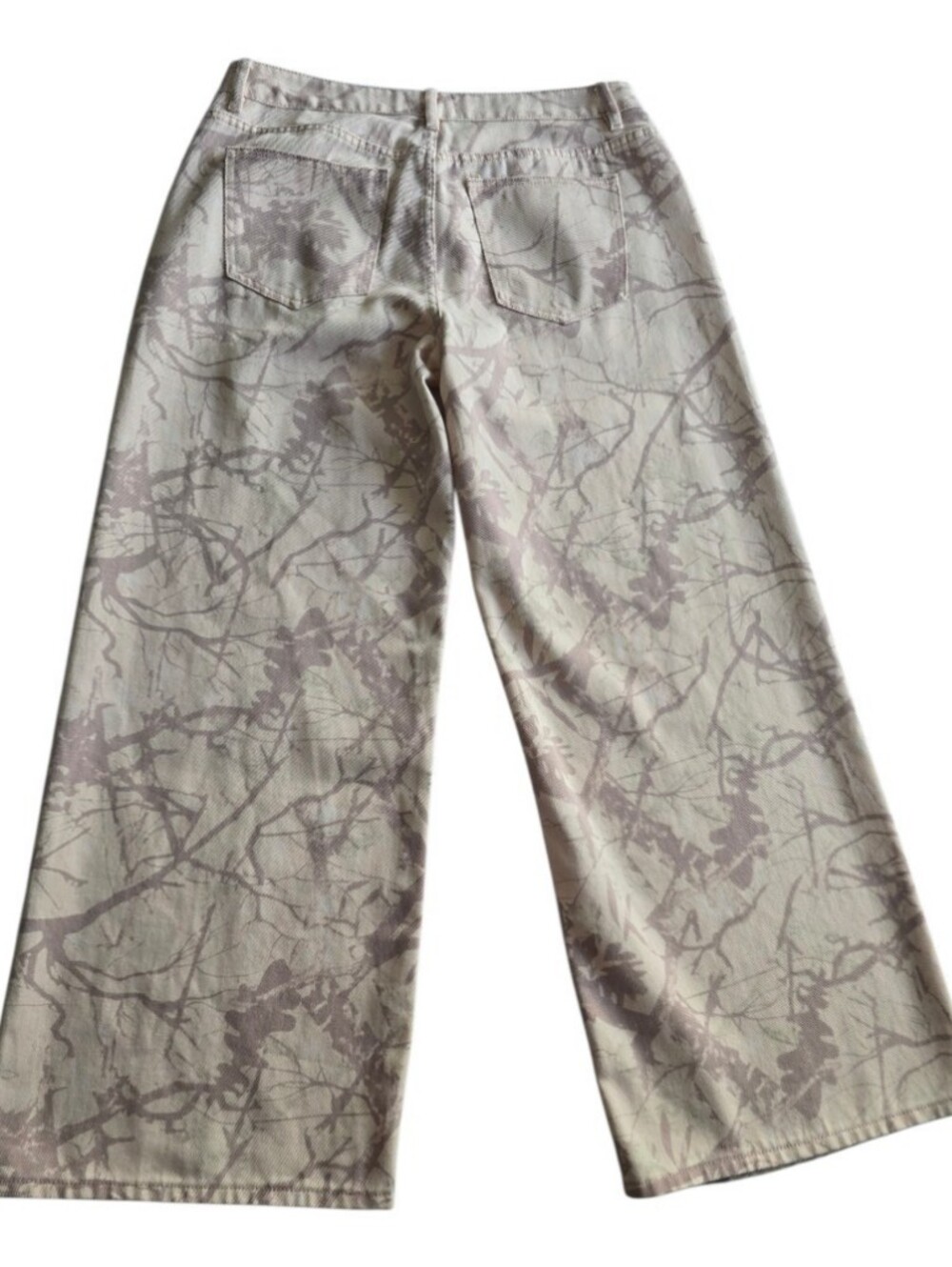 Cali 1850 Wide-Leg Printed Denim Jeans Neutral Abstract Tree Branch Camo Pattern - Picture 4 of 11